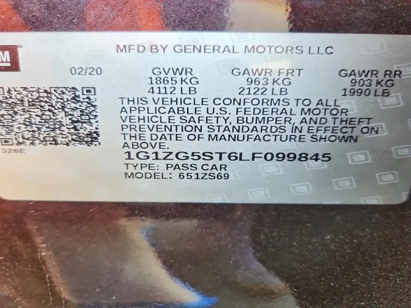 CHEVROLET MALIBU 2020 VIN 1G1ZG5ST6LF099845