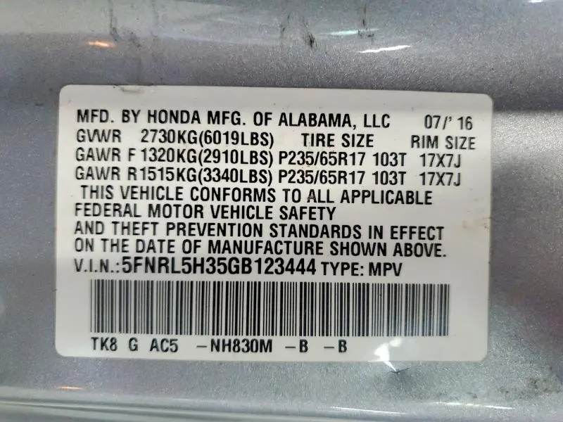 HONDA ODYSSEY 2016 VIN 5FNRL5H35GB123444