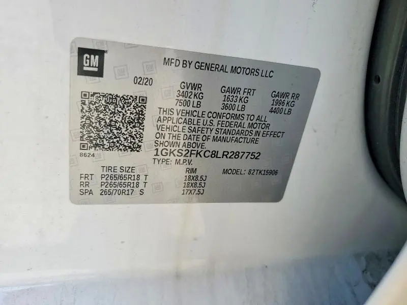 GMC YUKON 2020 VIN 1GKS2FKC8LR287752