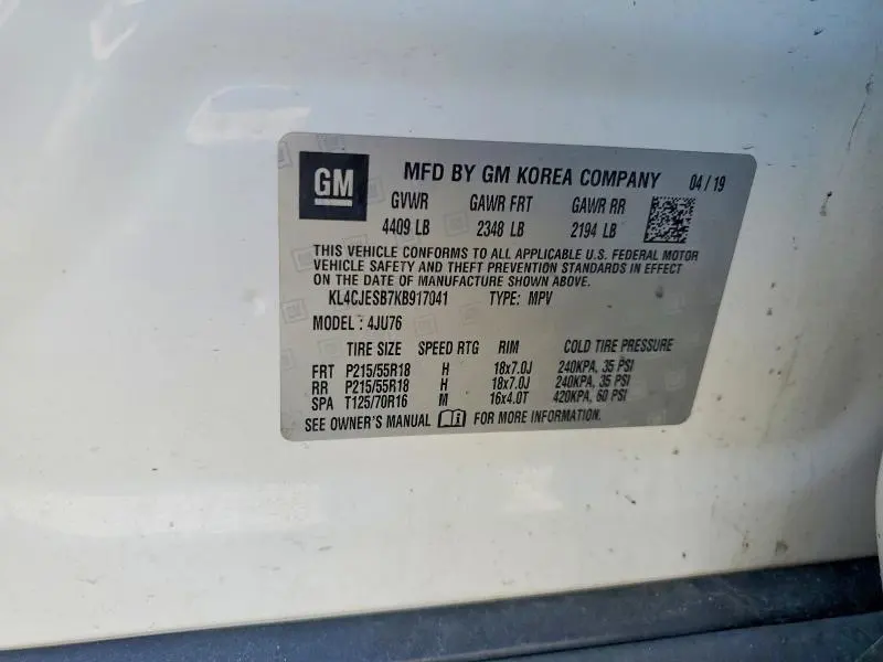 BUICK ENCORE 2019 VIN KL4CJESB7KB917041