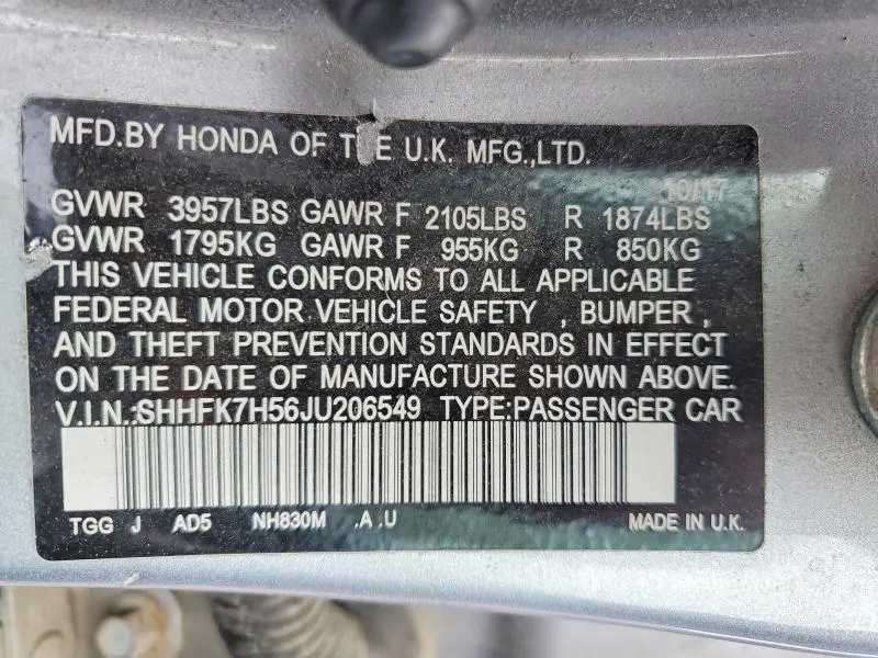 HONDA CIVIC 2018 VIN SHHFK7H56JU206549