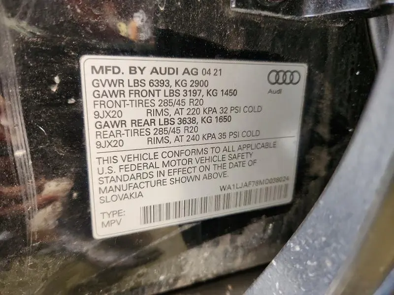 AUDI Q7 2021 VIN WA1LJAF78MD038024