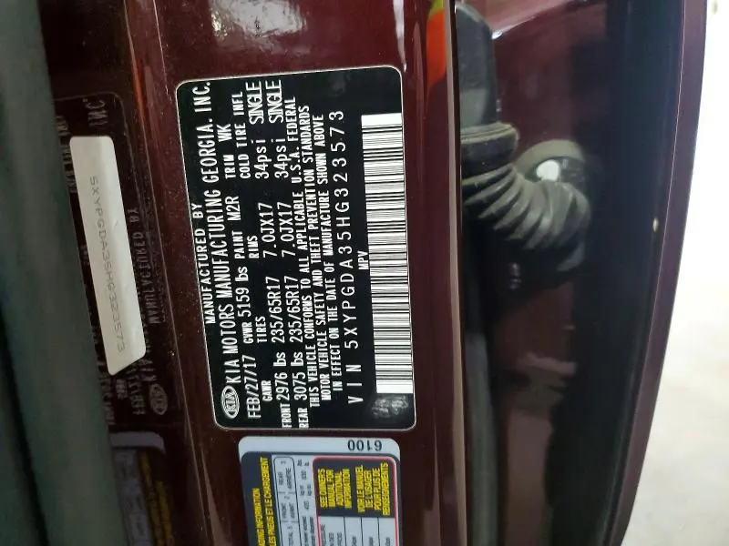 KIA SORENTO 2017 VIN 5XYPGDA35HG323573