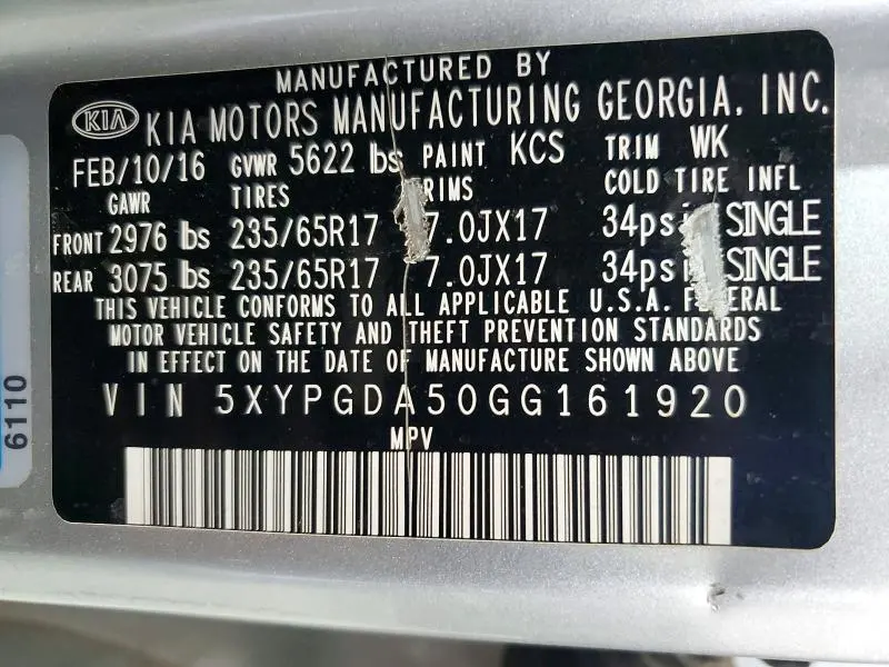 KIA SORENTO 2016 VIN 5XYPGDA50GG161920