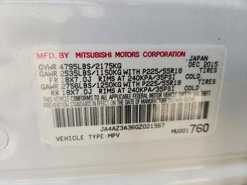MITSUBISHI OUTLANDER 2016 VIN JA4AZ3A36GZ021567