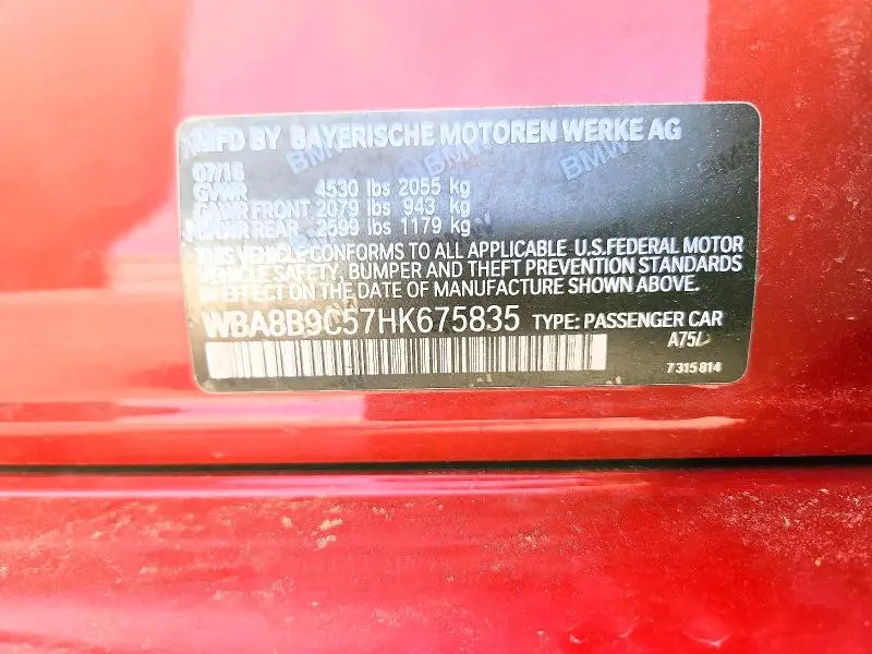BMW 3 SERIES 2017 VIN WBA8B9C57HK675835