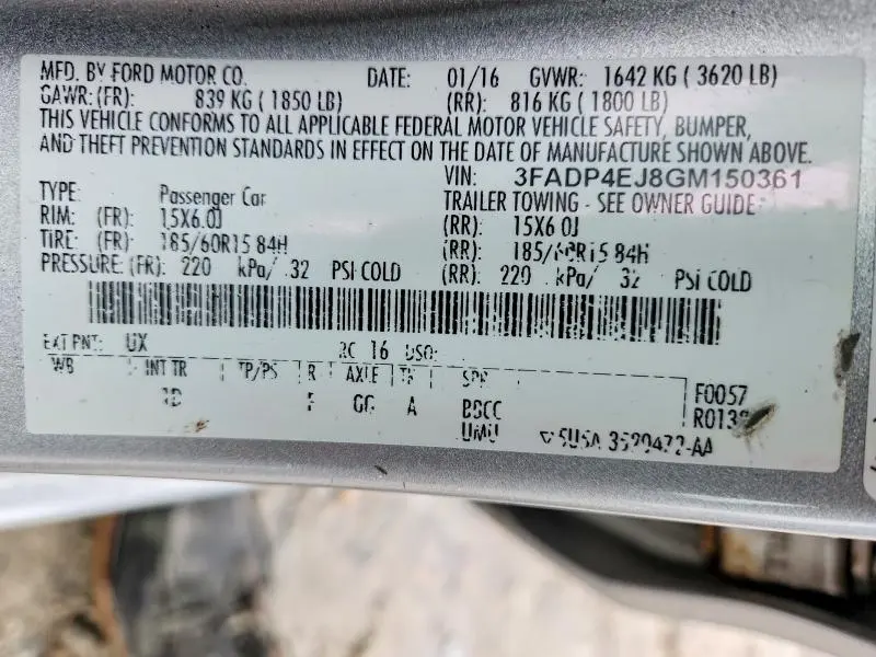 FORD FIESTA 2016 VIN 3FADP4EJ8GM150361
