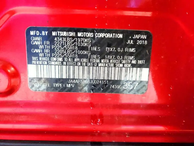 MITSUBISHI OUTLANDER 2018 VIN JA4AP3AU8JU024151
