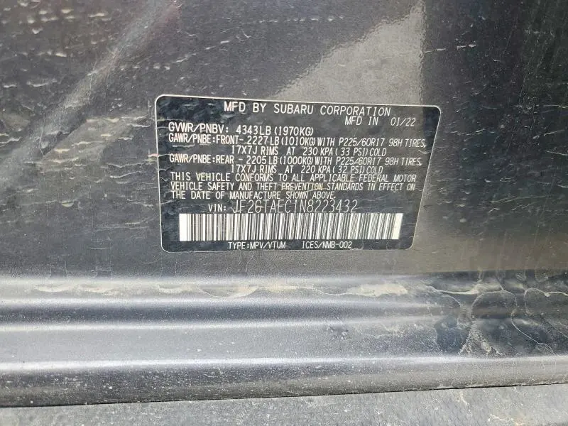 SUBARU CROSSTREK 2022 VIN JF2GTAEC1N8223432