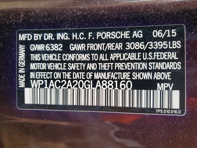 PORSCHE CAYENNE 2016 VIN WP1AC2A20GLA88160