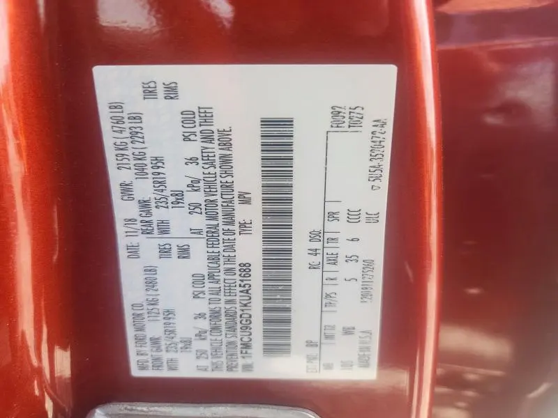 FORD ESCAPE 2019 VIN 1FMCU9GD1KUA51688