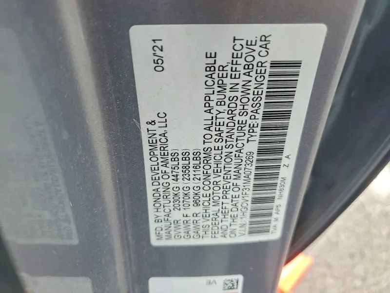 HONDA ACCORD 2021 VIN 1HGCV1F31MA073269