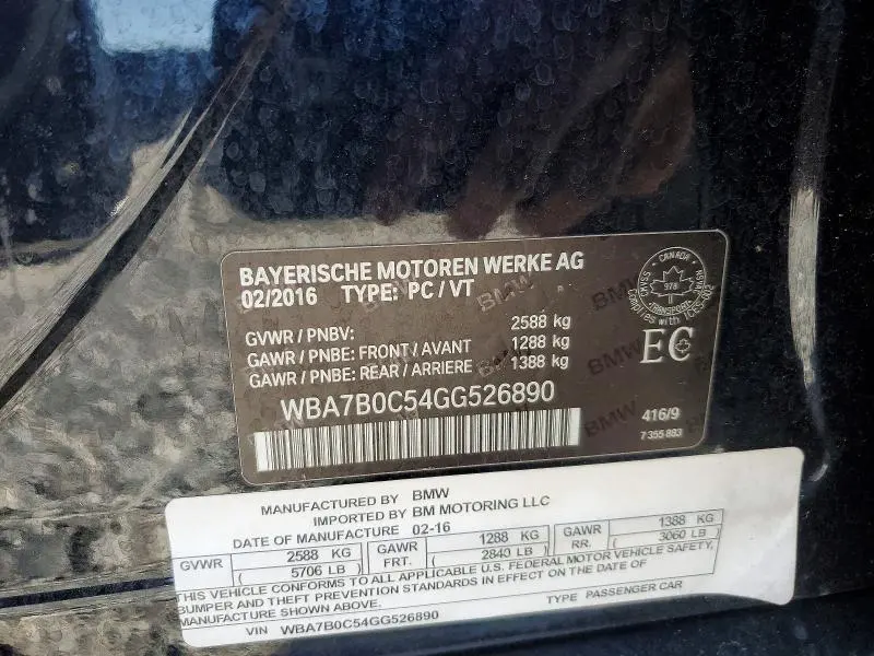 BMW 7 SERIES 2016 VIN WBA7B0C54GG526890