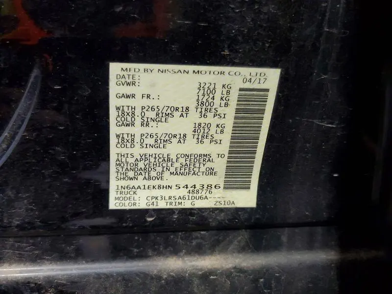 NISSAN TITAN 2017 VIN 1N6AA1EK8HN544386