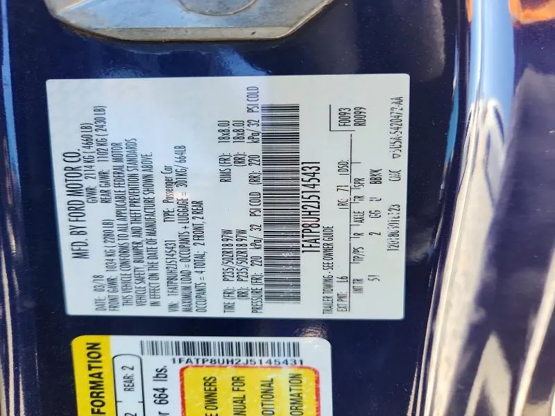 FORD MUSTANG 2018 VIN 1FATP8UH2J5145431