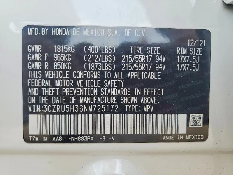 HONDA HR-V 2022 VIN 3CZRU5H36NM725172