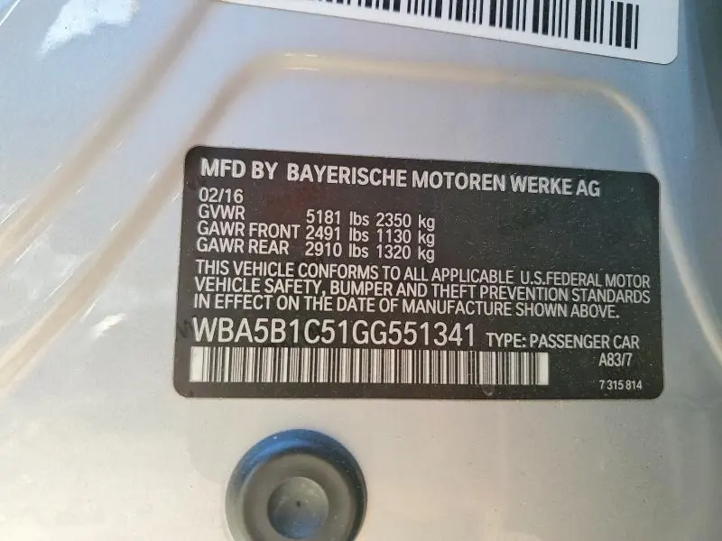 BMW 5 SERIES 2016 VIN WBA5B1C51GG551341