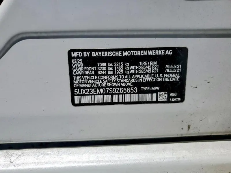 BMW X7 2025 VIN 5UX23EM07S9Z65653