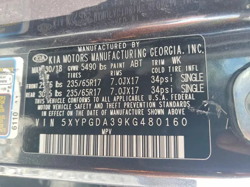 KIA SORENTO 2019 VIN 5XYPGDA39KG480160