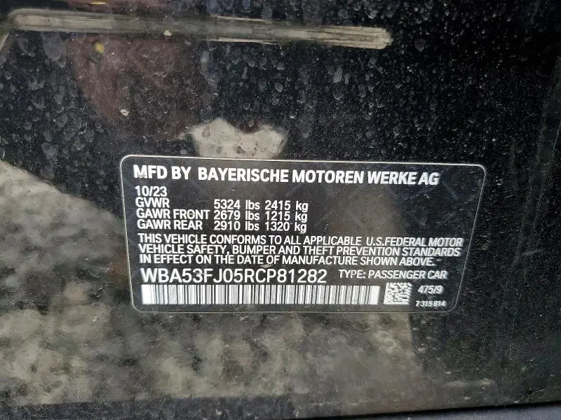 BMW 5 SERIES 2024 VIN WBA53FJ05RCP81282