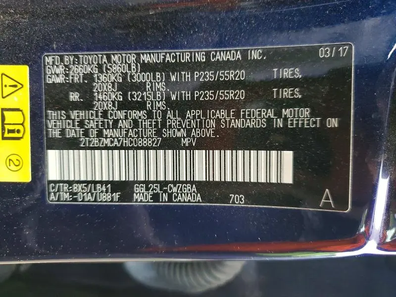 LEXUS RX350 2017 VIN 2T2BZMCA7HC088827