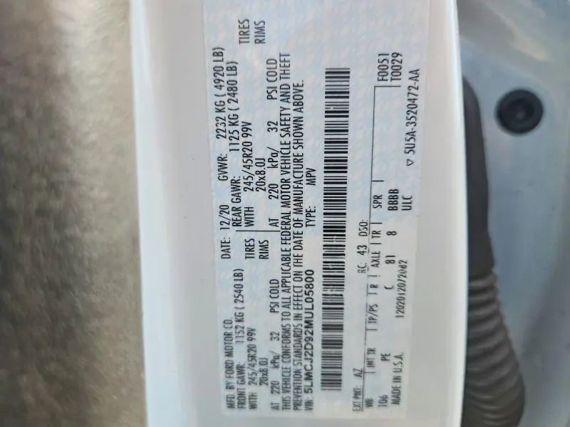 LINCOLN CORSAIR 2021 VIN 5LMCJ2D92MUL05800