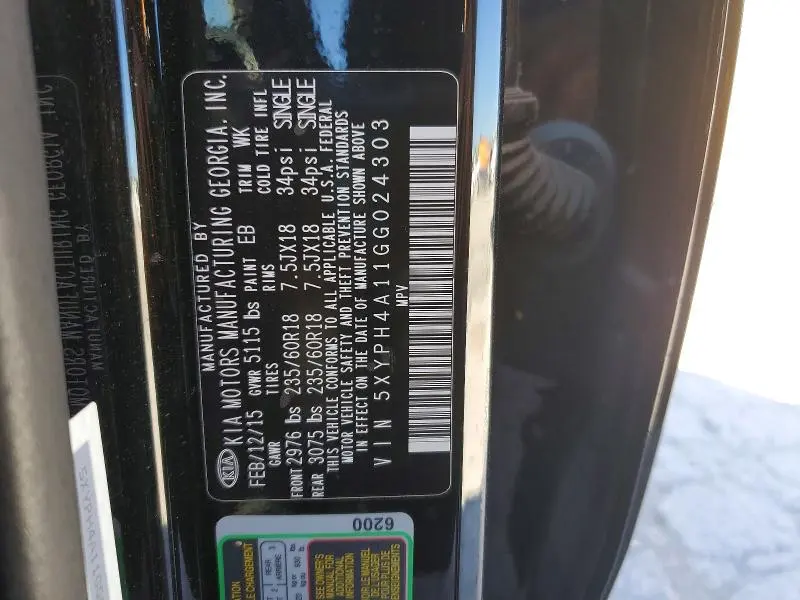 KIA SORENTO 2016 VIN 5XYPH4A11GG024303