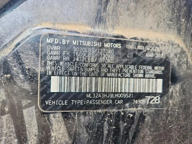 MITSUBISHI MIRAGE 2020 VIN ML32A3HJ9LH009521