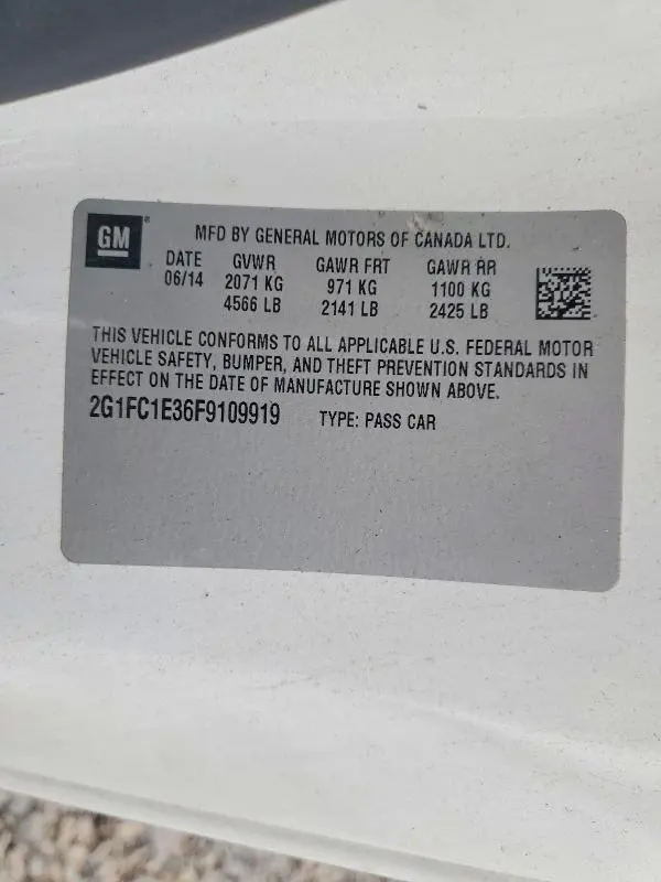 CHEVROLET CAMARO 2015 VIN 2G1FC1E36F9109919