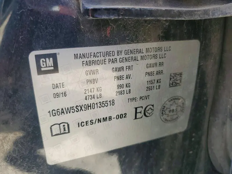 CADILLAC CTS 2017 VIN 1G6AW5SX9H0135518