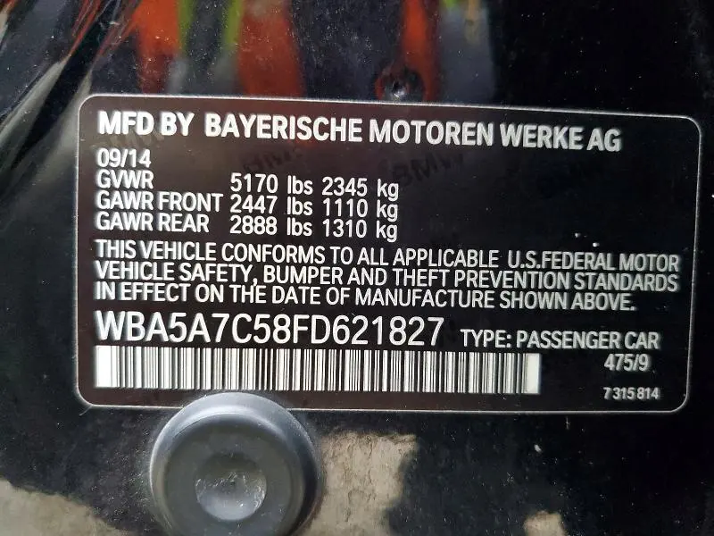 BMW 5 SERIES 2015 VIN WBA5A7C58FD621827