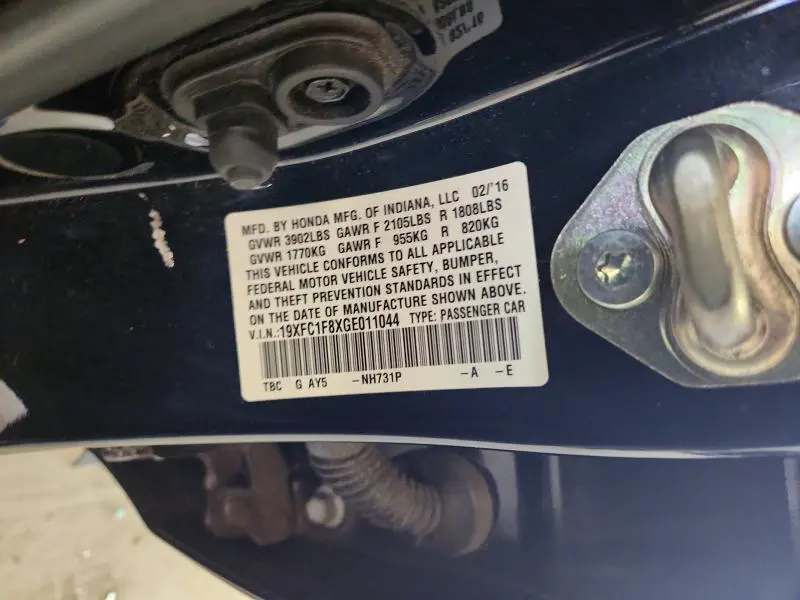 HONDA CIVIC 2016 VIN 19XFC1F8XGE011044