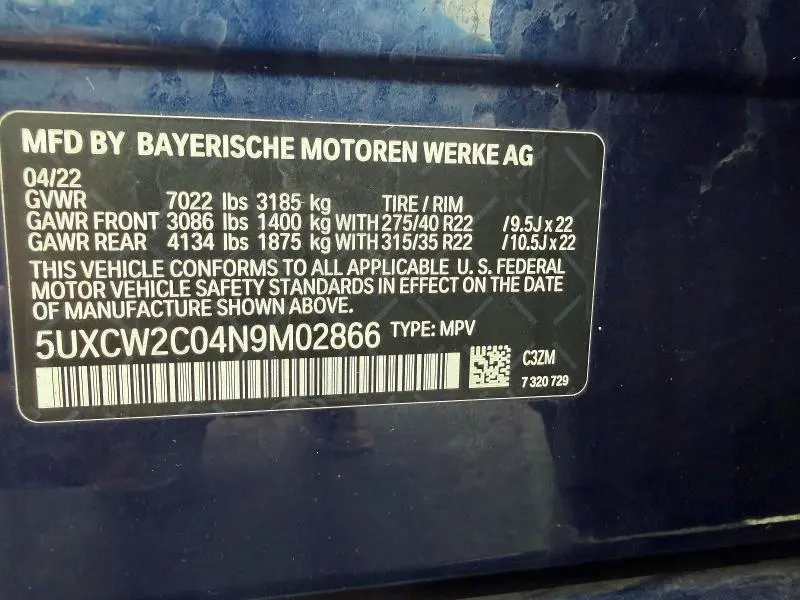 BMW X7 2022 VIN 5UXCW2C04N9M02866