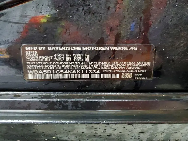 BMW 3 SERIES 2019 VIN WBA5R1C54KAK11334