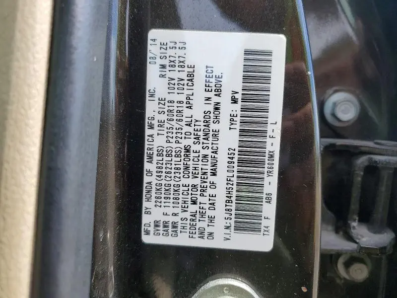 ACURA RDX 2015 VIN 5J8TB4H52FL009452