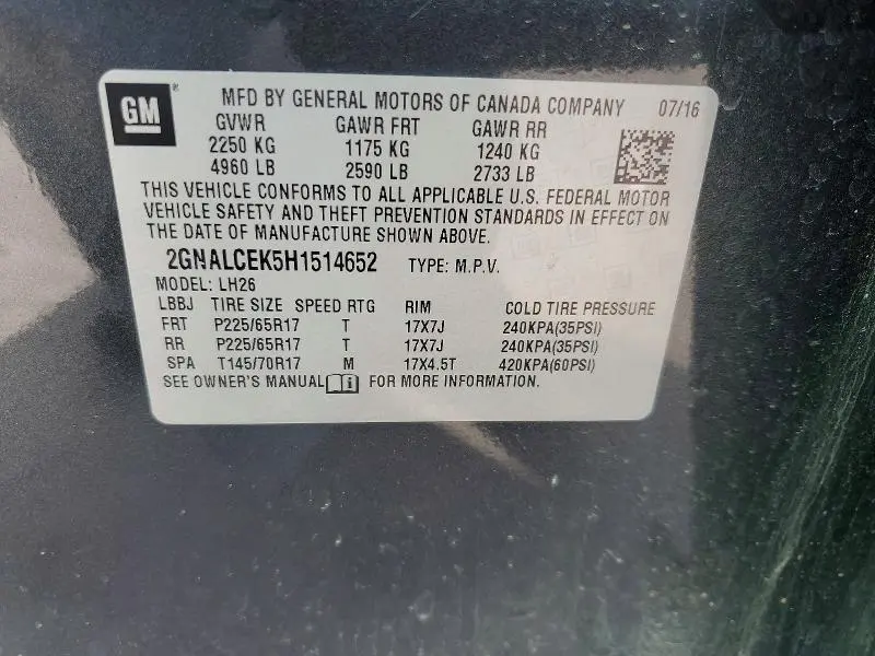 CHEVROLET EQUINOX 2017 VIN 2GNALCEK5H1514652