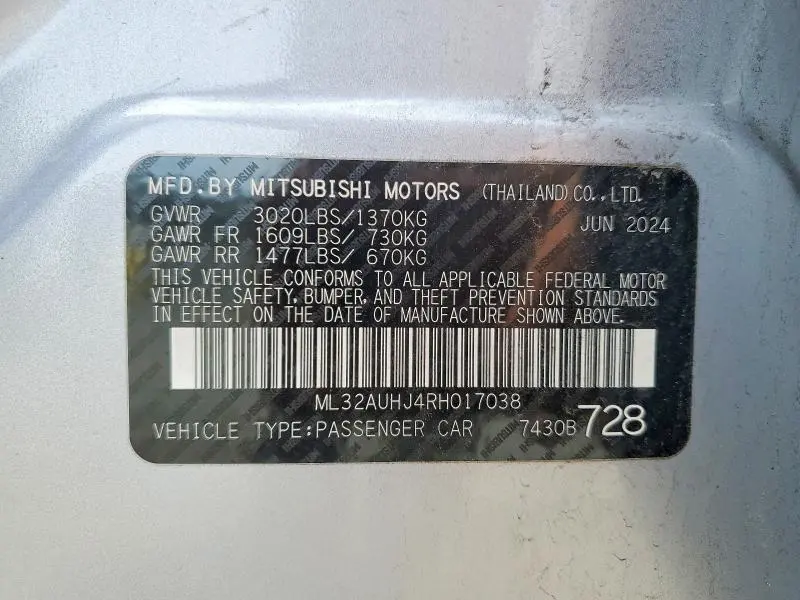 MITSUBISHI MIRAGE 2024 VIN ML32AUHJ4RH017038
