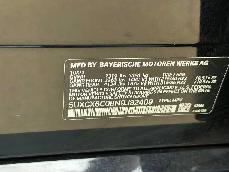 BMW X7 2022 VIN 5UXCX6C08N9J82409