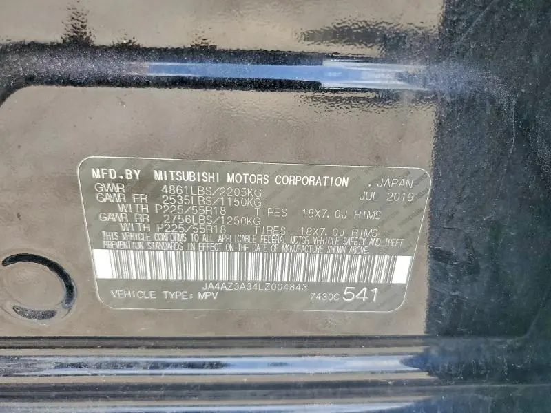 MITSUBISHI OUTLANDER 2020 VIN JA4AZ3A34LZ004843