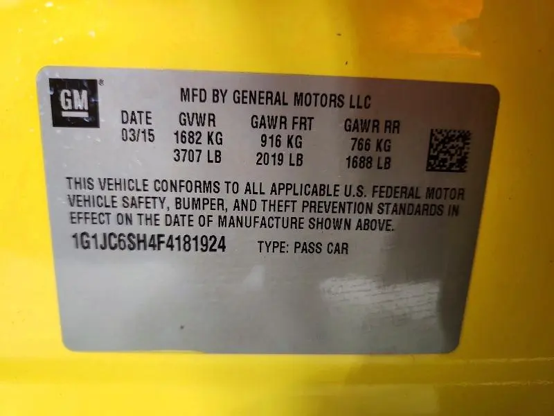 CHEVROLET SONIC 2015 VIN 1G1JC6SH4F4181924
