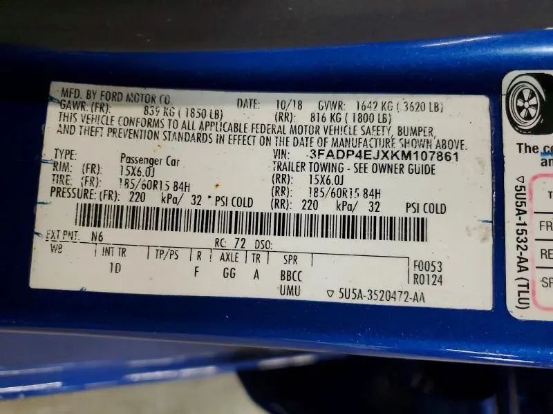 FORD FIESTA 2019 VIN 3FADP4EJXKM107861