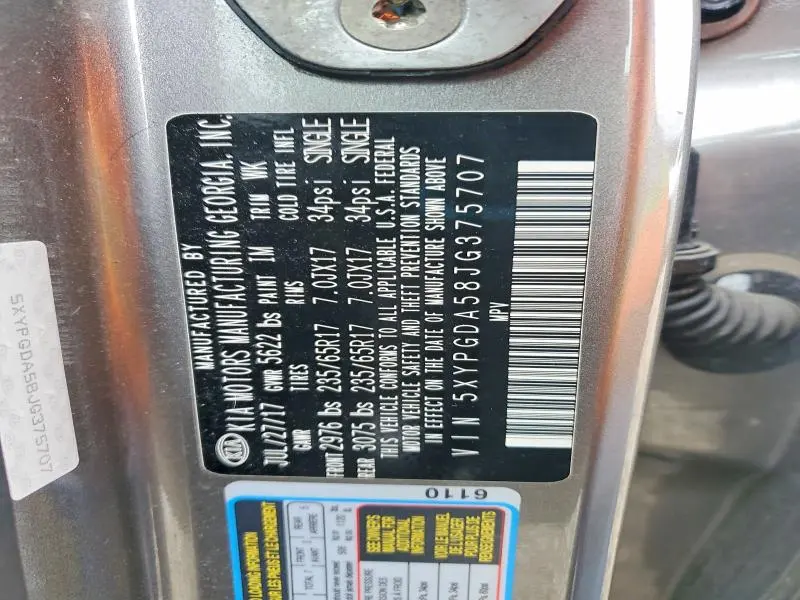 KIA SORENTO 2018 VIN 5XYPGDA58JG375707