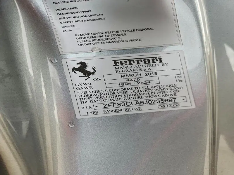 FERRARI 812 2018 VIN ZFF83CLA6J0235697