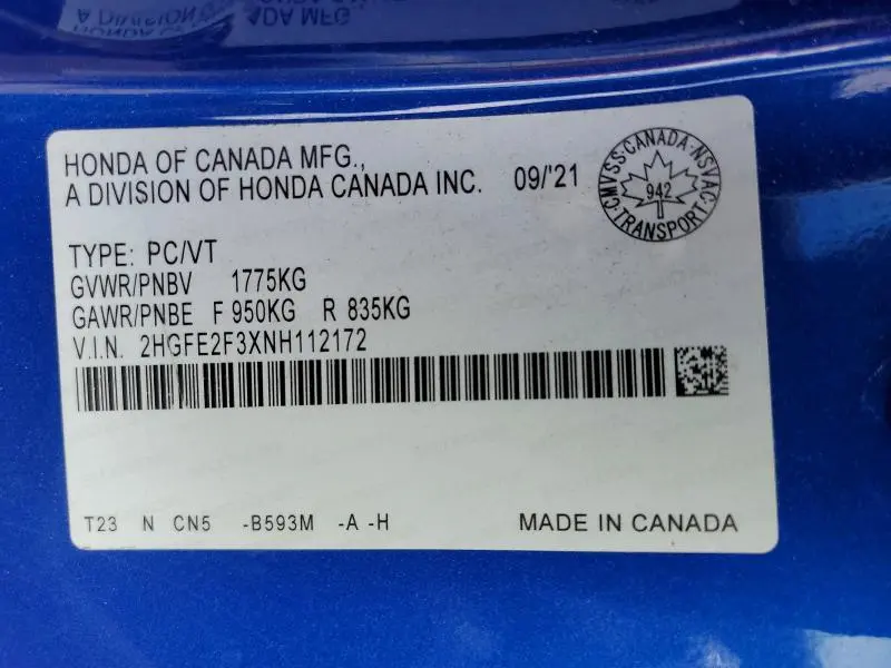 HONDA CIVIC 2022 VIN 2HGFE2F3XNH112172