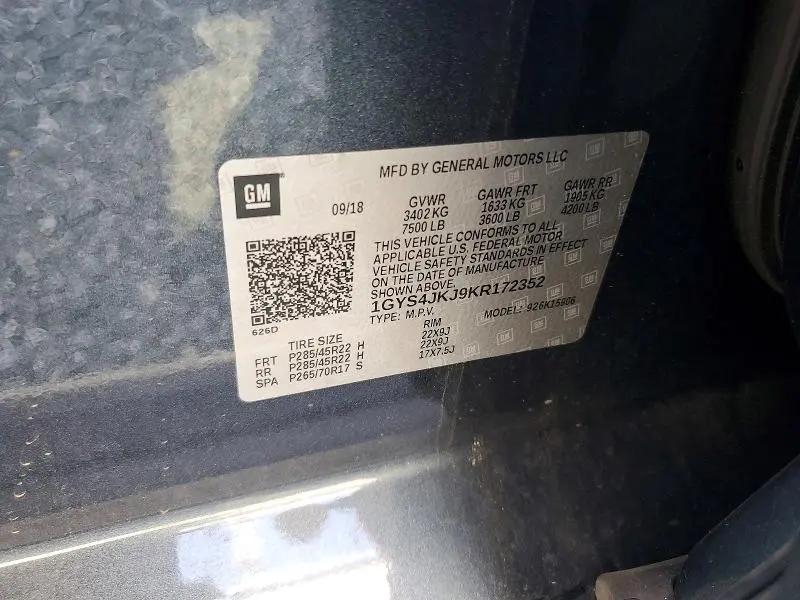 CADILLAC ESCALADE 2019 VIN 1GYS4JKJ9KR172352