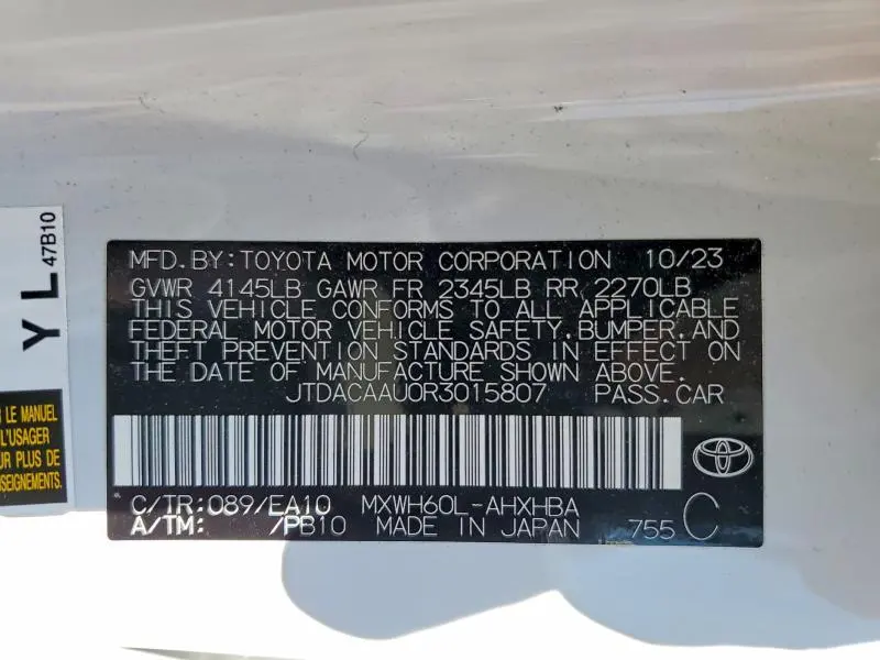 TOYOTA PRIUS 2024 VIN JTDACAAU0R3015807