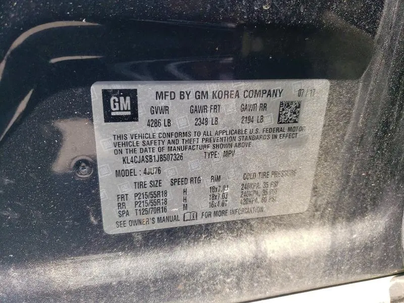 BUICK ENCORE 2018 VIN KL4CJASB1JB507326