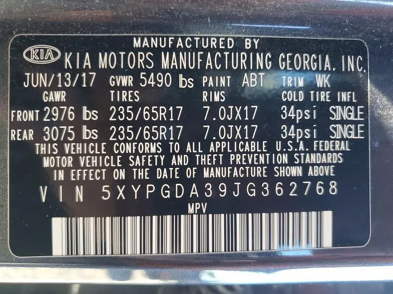 KIA SORENTO 2018 VIN 5XYPGDA39JG362768