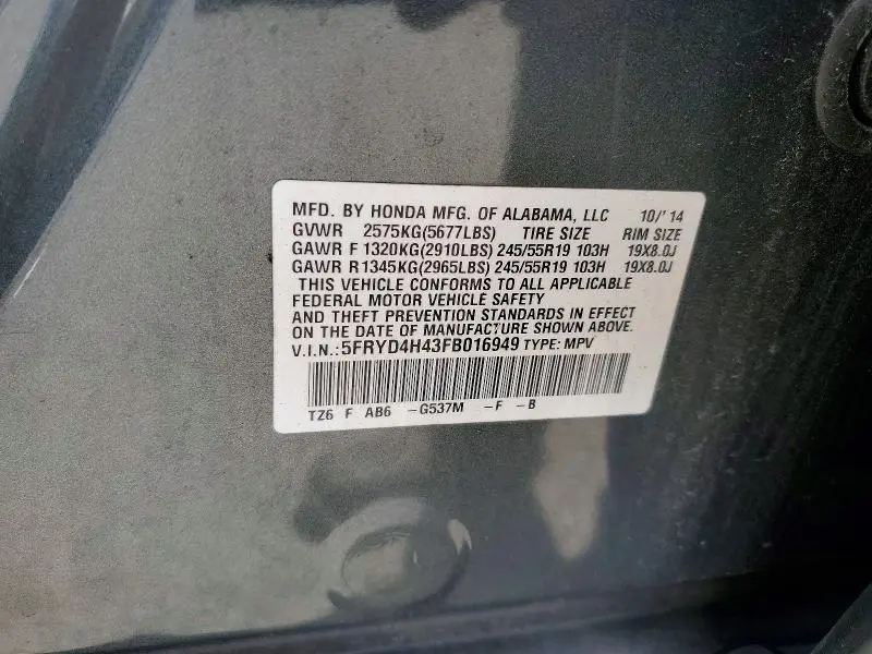 ACURA MDX 2015 VIN 5FRYD4H43FB016949