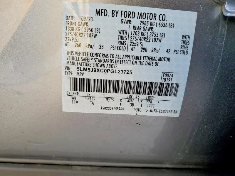 LINCOLN AVIATOR 2023 VIN 5LM5J9XC0PGL23725